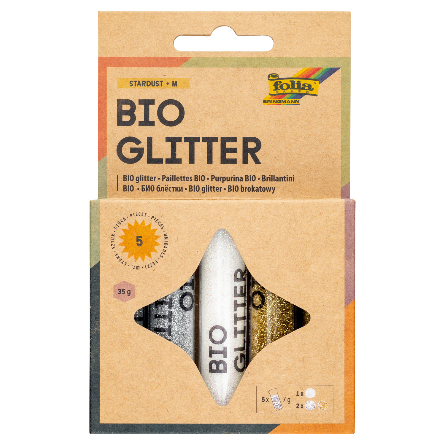 NEU Organic Bio Glitter Mix Stardust, 5x 7g, 2x gold, 2x silber, 1x wei� irisierend
