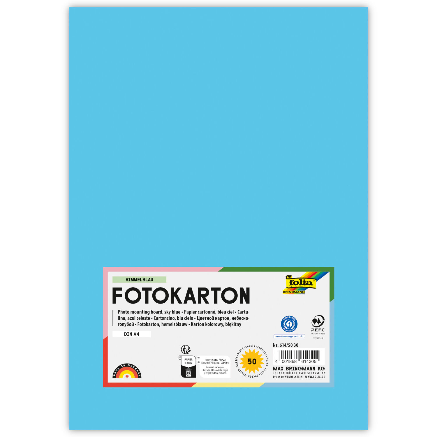 Fotokarton, 50 Bogen, 300 g/qm, DIN A4, Himmelblau