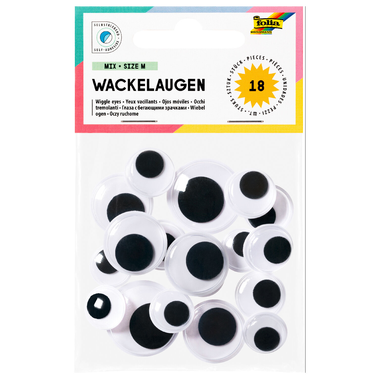 Wackelaugen Mix mittel, selbstklebend, 18 St�ck, 14-25mm sortiert