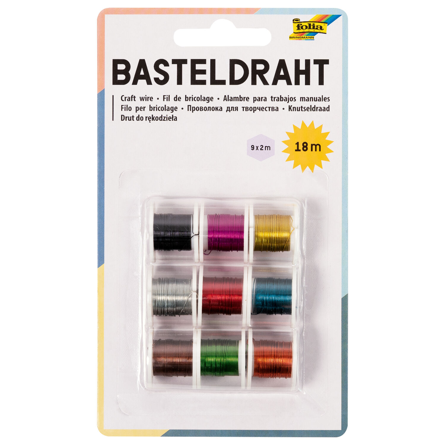 Basteldraht-Set, 9 Spulen � 2 m, farbig sortiert