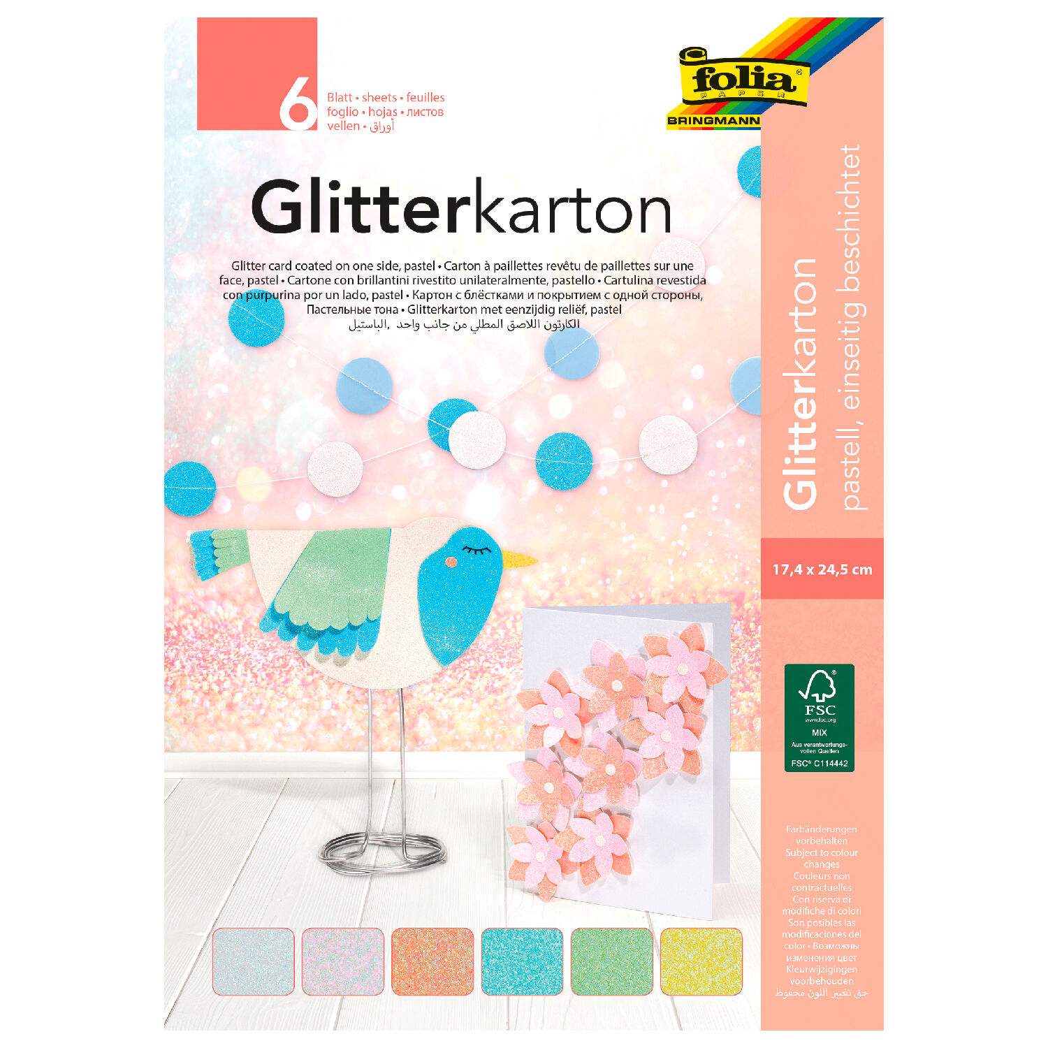 Glitterkarton-Block Pastell, 17,4x24,5cm, 300g/m�, 6 Blatt sortiert