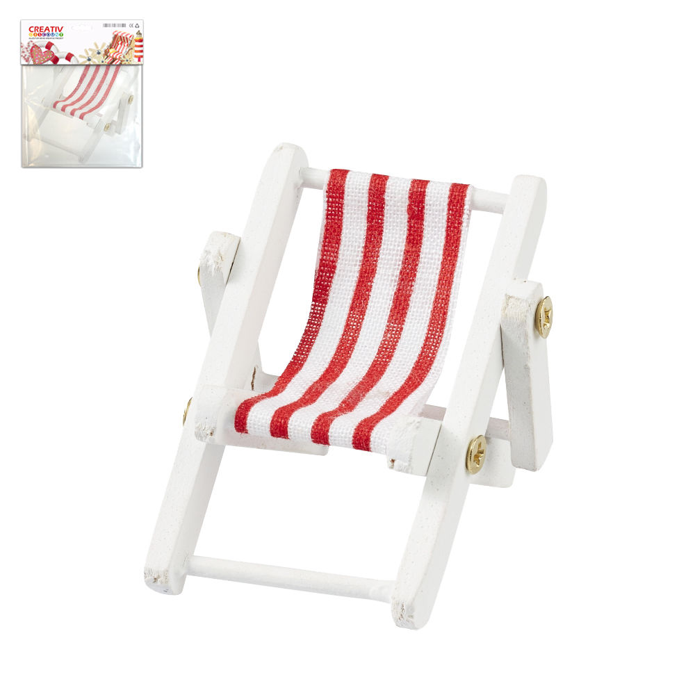 Mini Liegestuhl rot-wei� aus Holz, 5x3,5cm