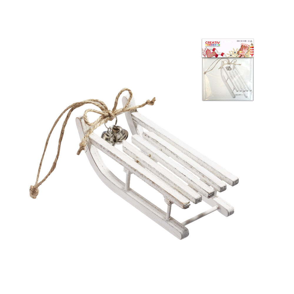 Holzschlitten mit Gl�ckchen 12x5x3,3 cm, wei�