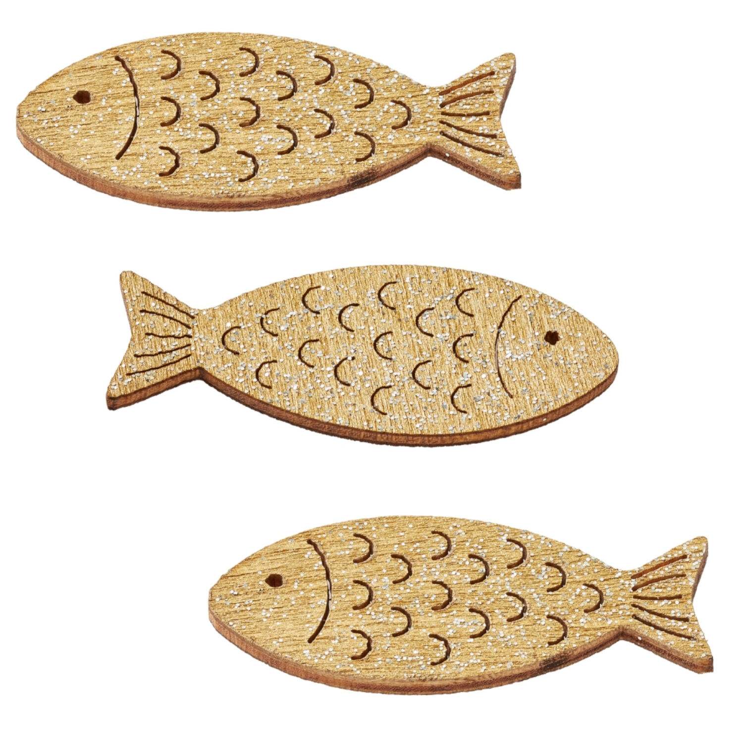 SALE Holz-Fische mit Glimmer, 40 mm, Beutel mit 6 St�ck, gold
