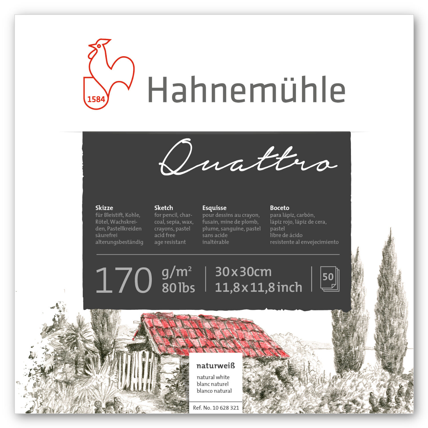 SALE Hahnem�hle Skizzenblock Quattro, 170g/m�, 40x40cm, 50 Blatt