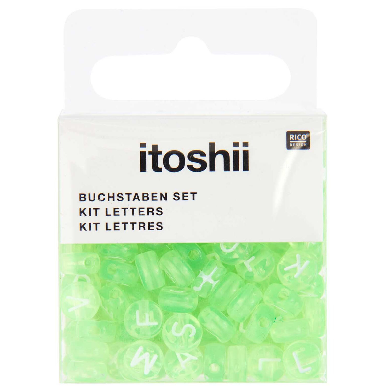 Kunststoff-Perlen Itoshii, Buchstaben, rund, transparent, 7 x 4 mm, 165 Stk, Hellgr�n Bild 2