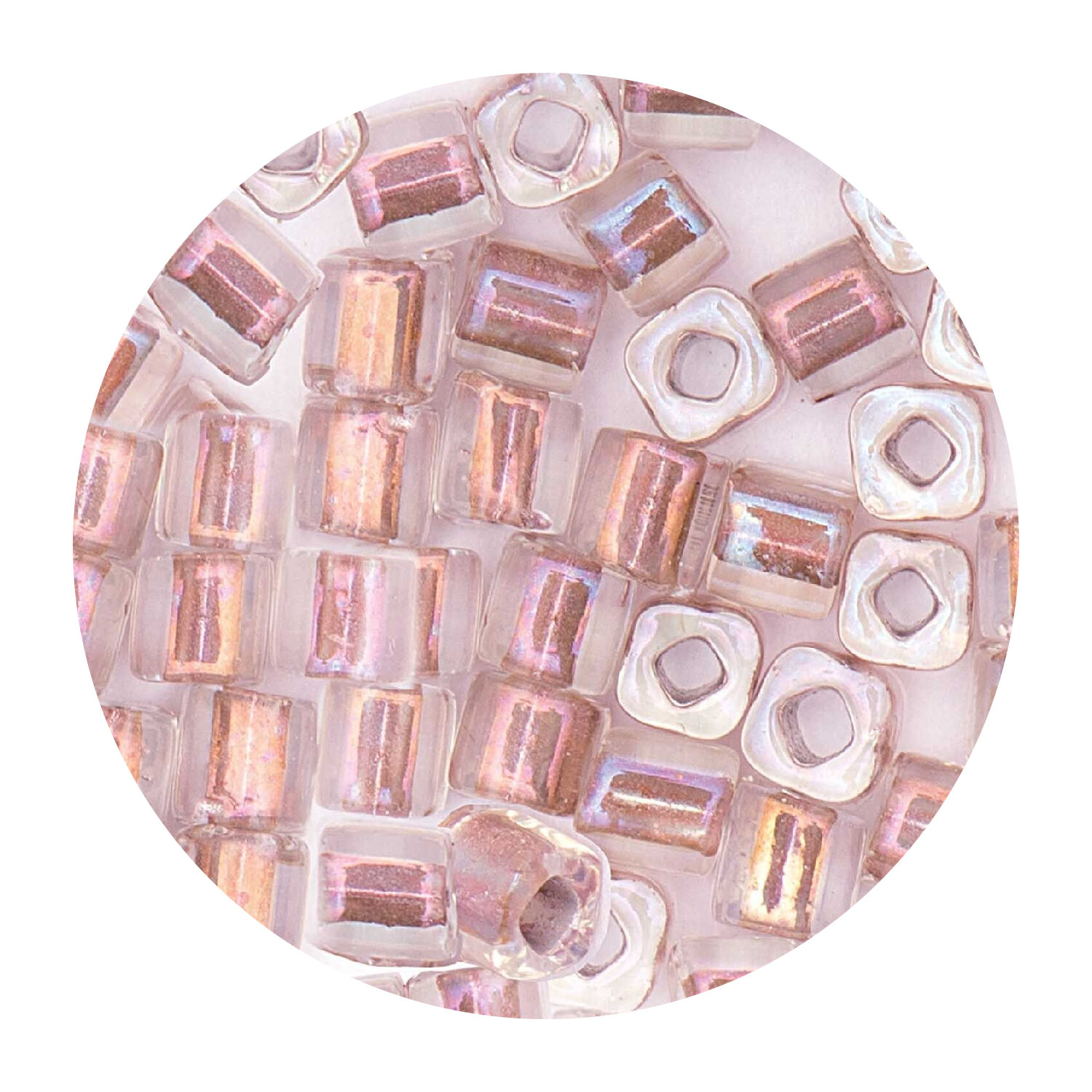 Rocailles-W�rfel-Perlen Itoshii Cube, 3 x 3 mm, 6 g, Transparent mit Einzug Rosa Irisierend