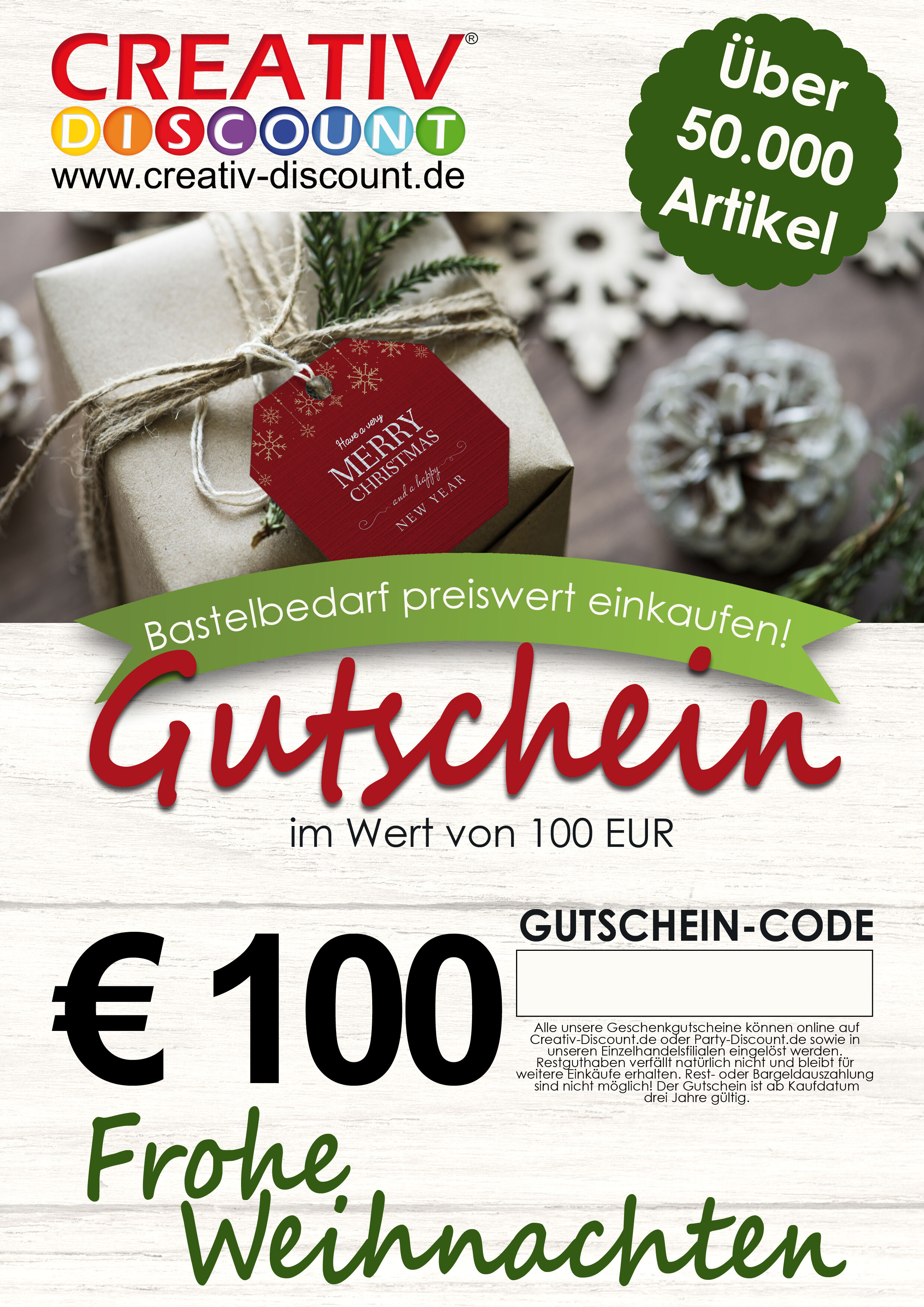 Geschenkgutschein nur ONLINE - Frohe Weihnachten - Wert 100,00 �