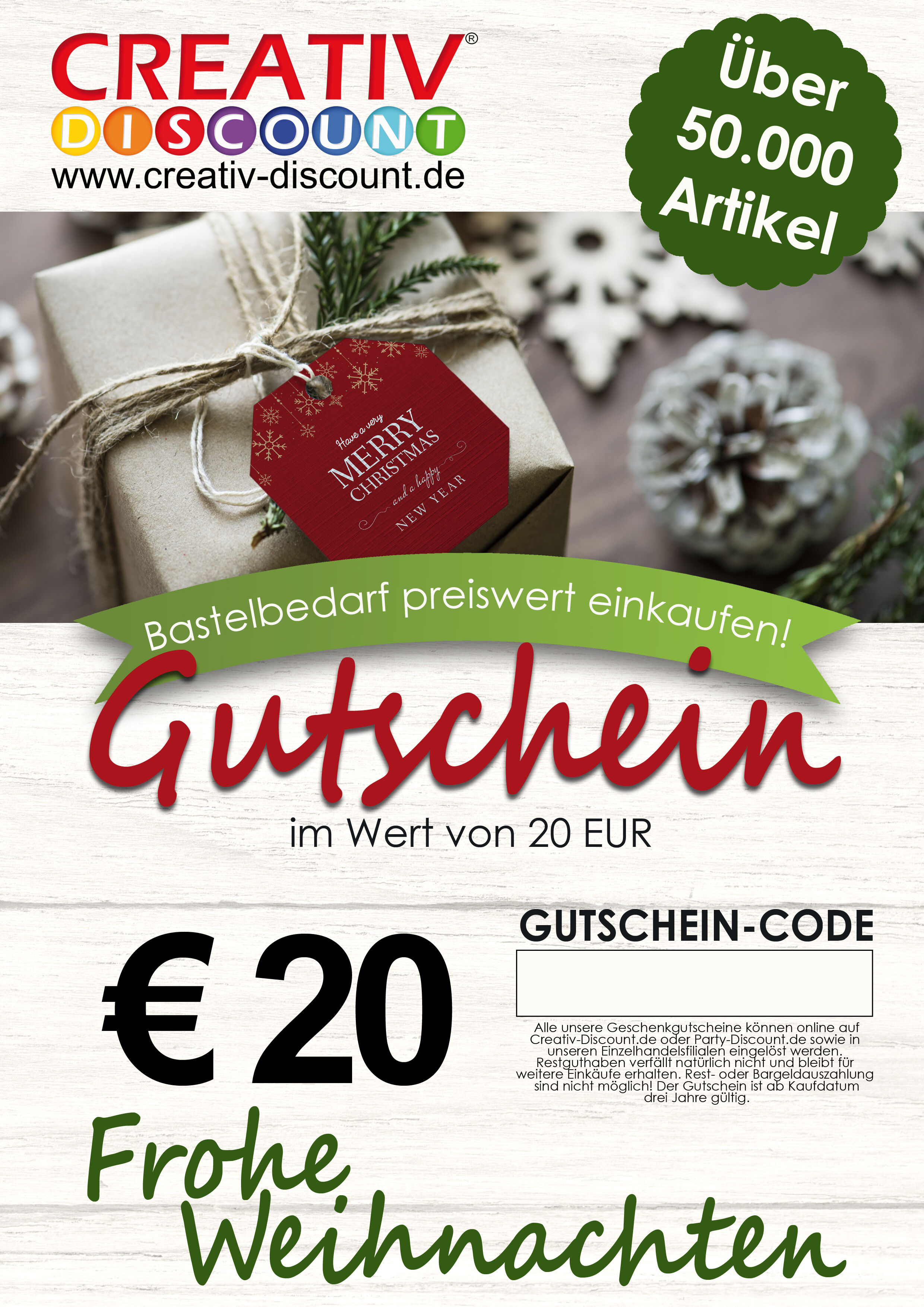 Geschenkgutschein nur ONLINE - Frohe Weihnachten - Wert 20,00 �