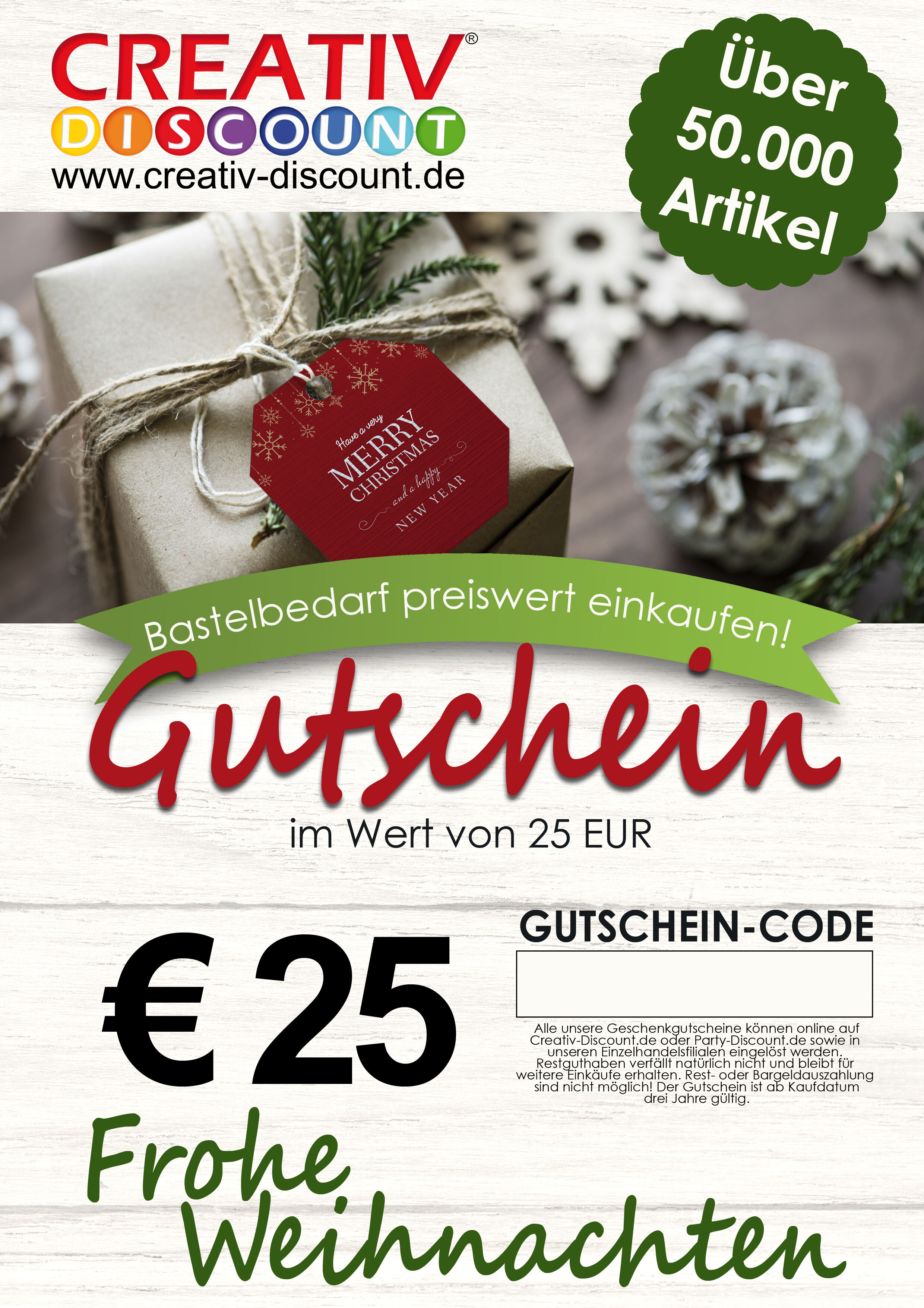 Geschenkgutschein nur ONLINE - Frohe Weihnachten - Wert 25,00 �