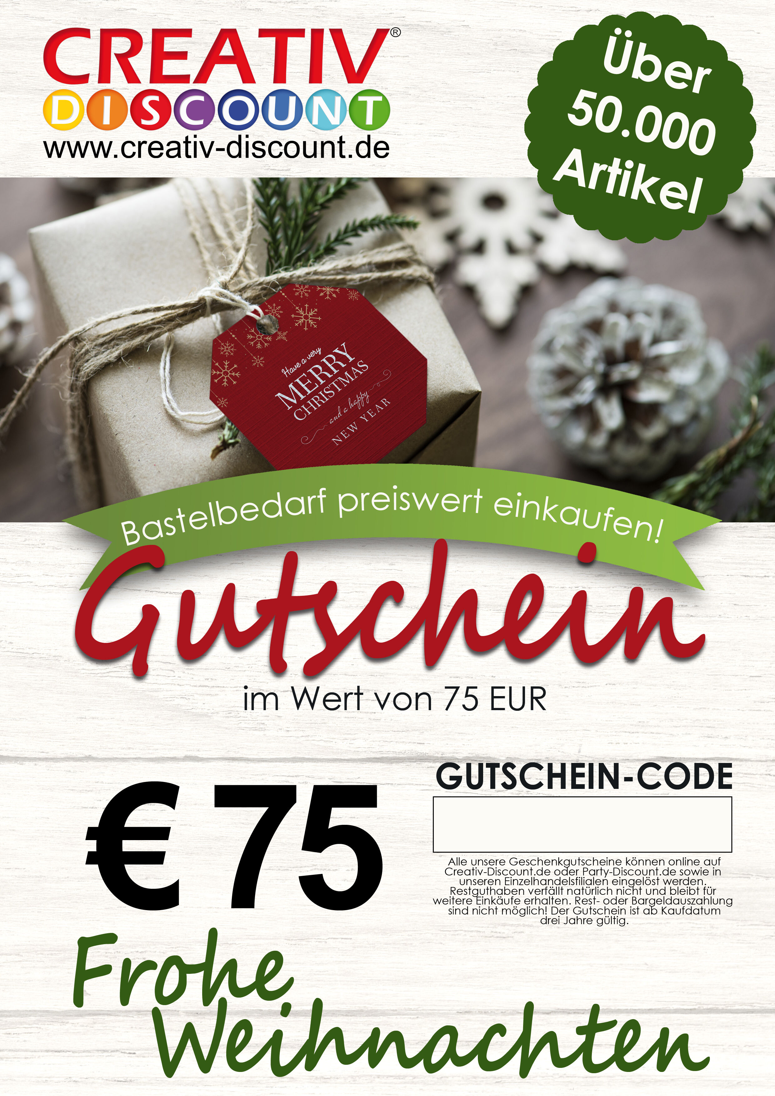 Geschenkgutschein nur ONLINE - Frohe Weihnachten - Wert 75,00 �