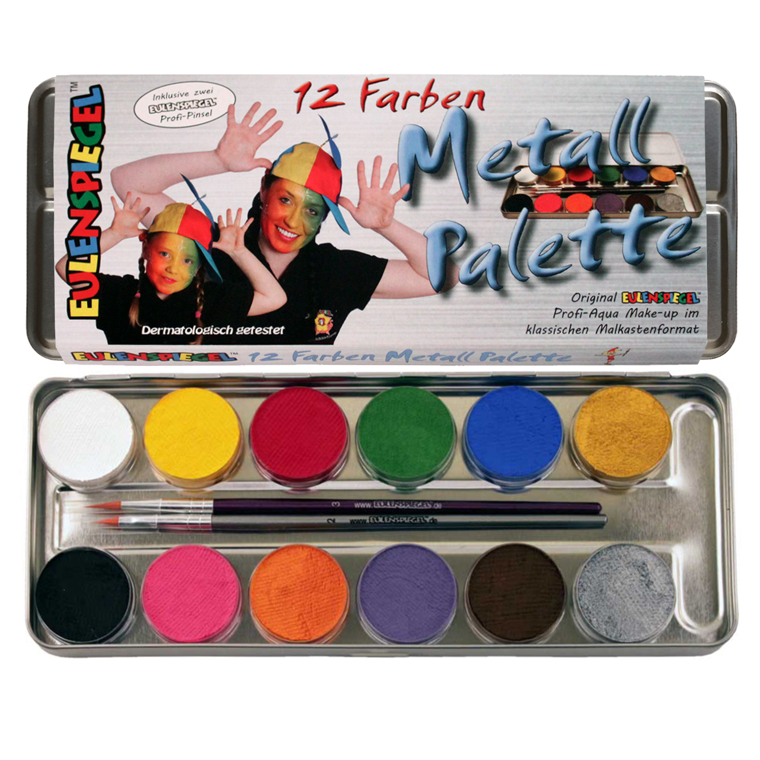 Eulenspiegel Gesichtsschminke, Farbmix, 12 Farben Metall-Palette