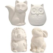 Tier-Spardosen Terrakotta, 4 St�ck, Eule, Fuchs, Igel, Hase, H�he 9-10 cm, Wei�