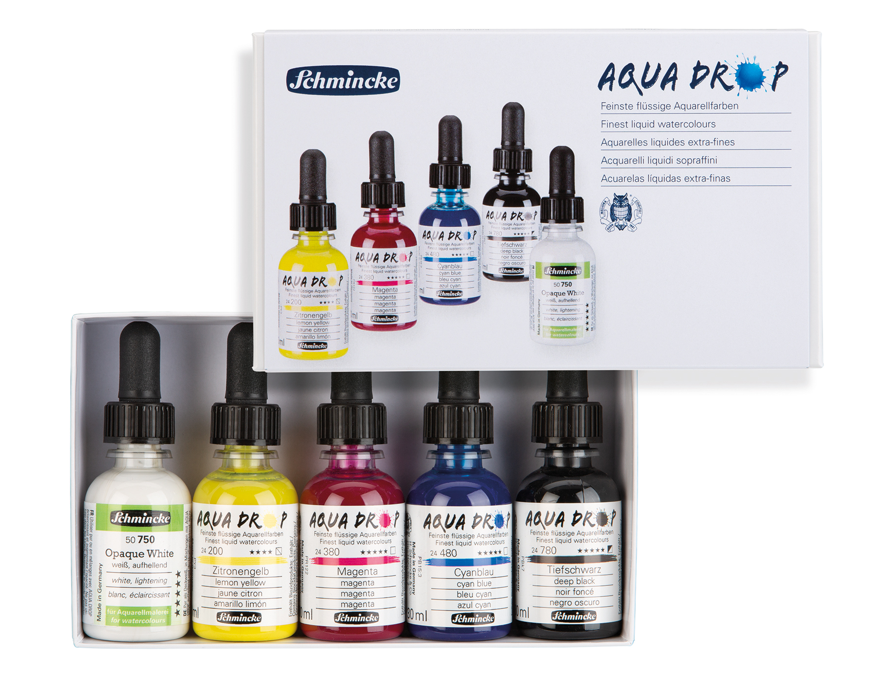 NEU Schmincke AQUA DROP Karton-Set, Prim�rfarben + Opaque White, 5 x 30ml